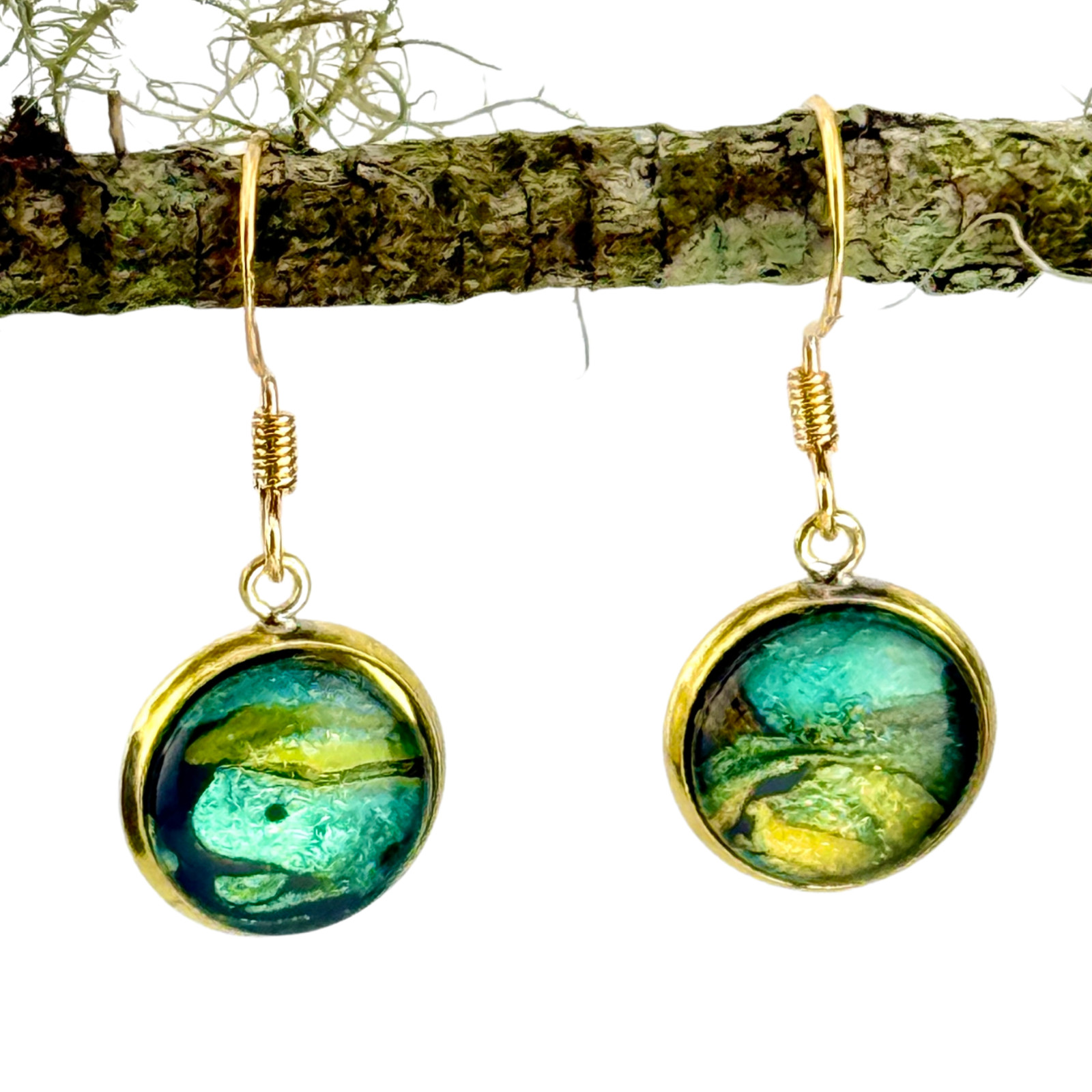 Dangle Earrings Handmade “Golden Landscapes” Electroplated Sterling Earwires