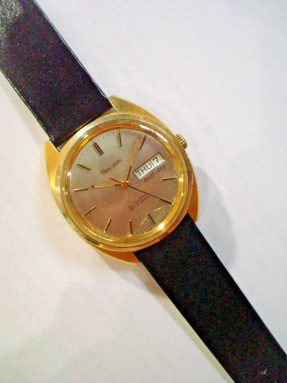 Bulova N7 Mens Automatic Watch 17j. ETA 2879 Day Date Quick Set New Band GC Runs