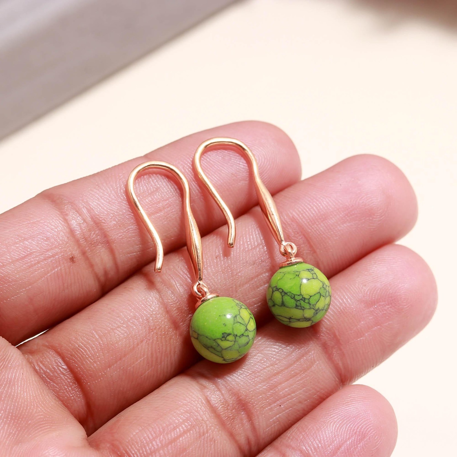 Natural Green Jasper Ball Dangle Earrings Rose Gold Plated Solid Silver Jewelry