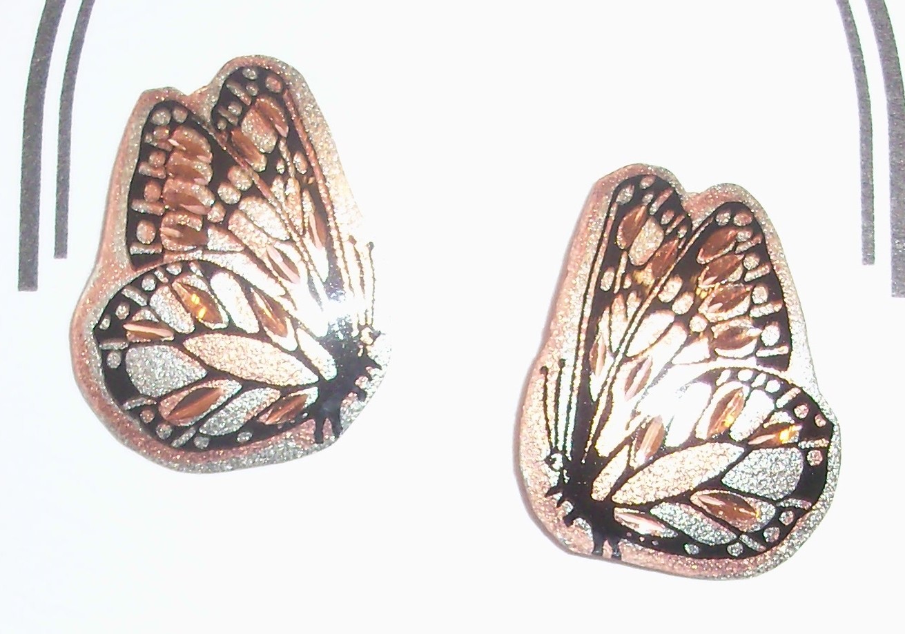 BUTTERFLY DESIGN-HAND ENGRAVED COPPER EARRINGS W/SILVER PLATE & BLACK ENAMEL
