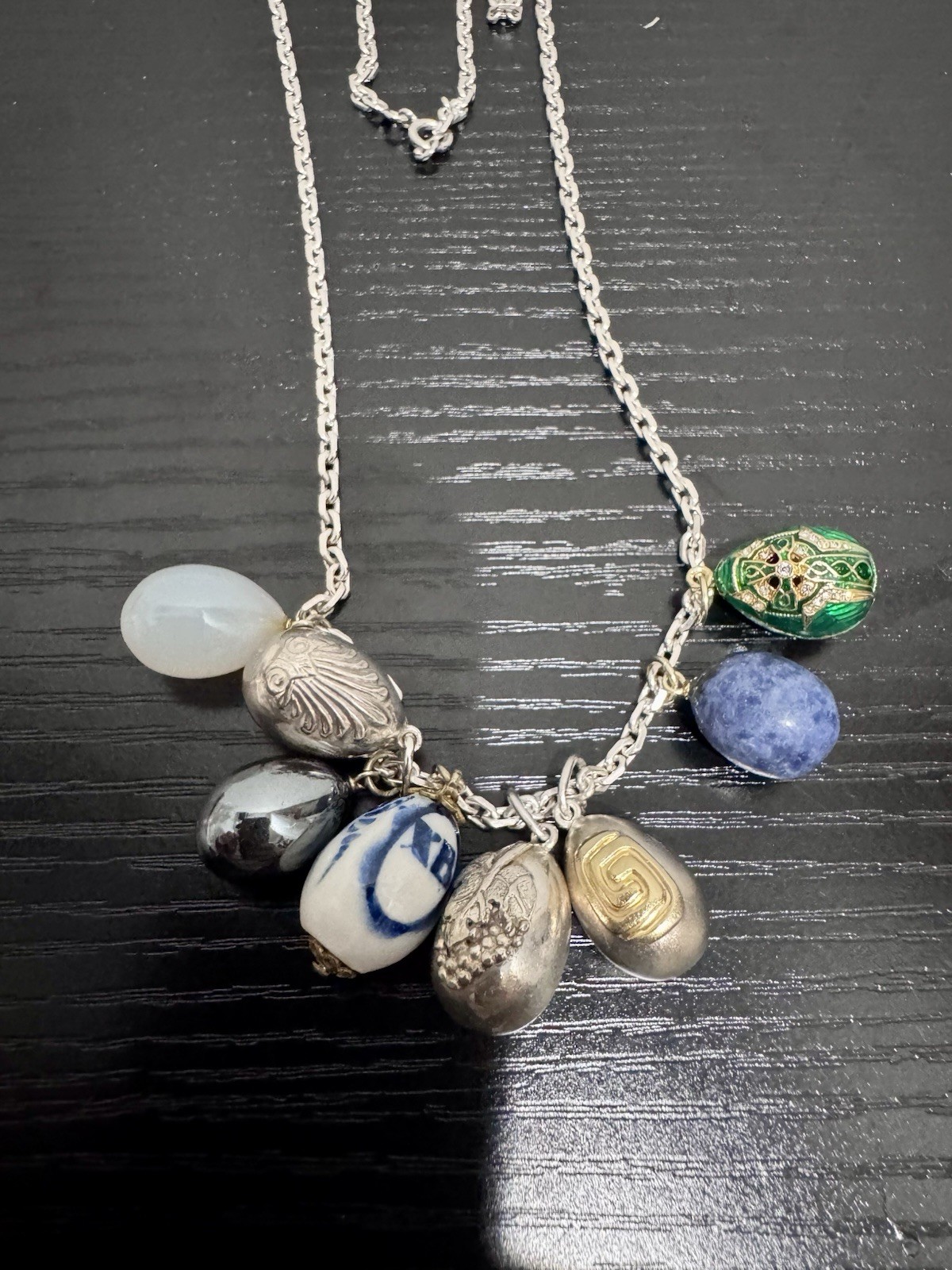 Vintage Soviet Russian Sterling Silver Vermeil Enamel Porcelain Egg Pendant 24”