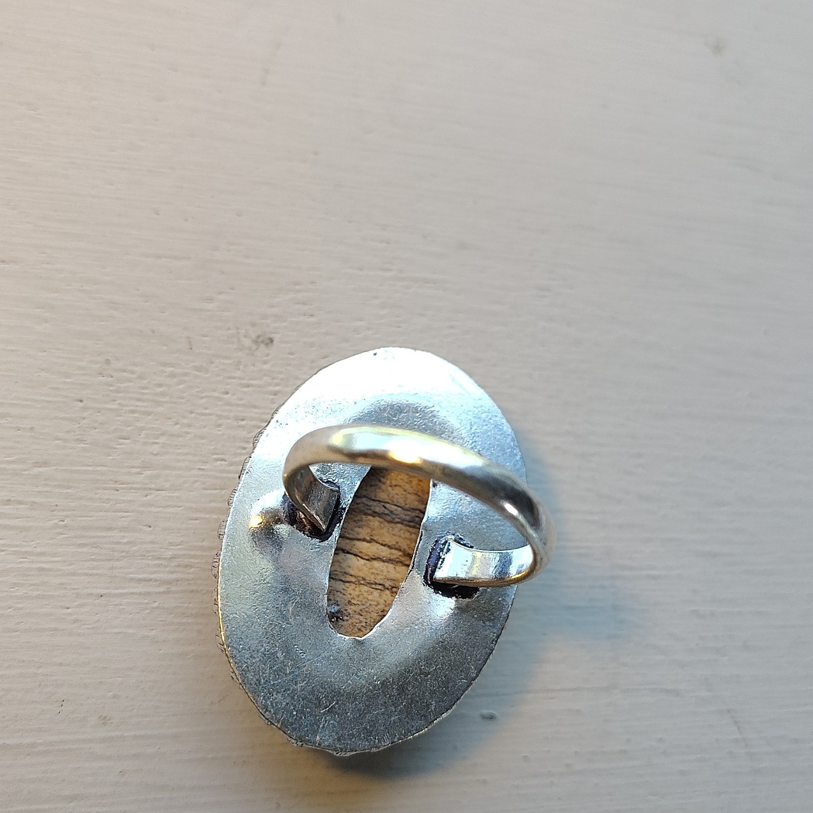 Silver Oval Brown Stone Bezel Set Statement Ring Signed