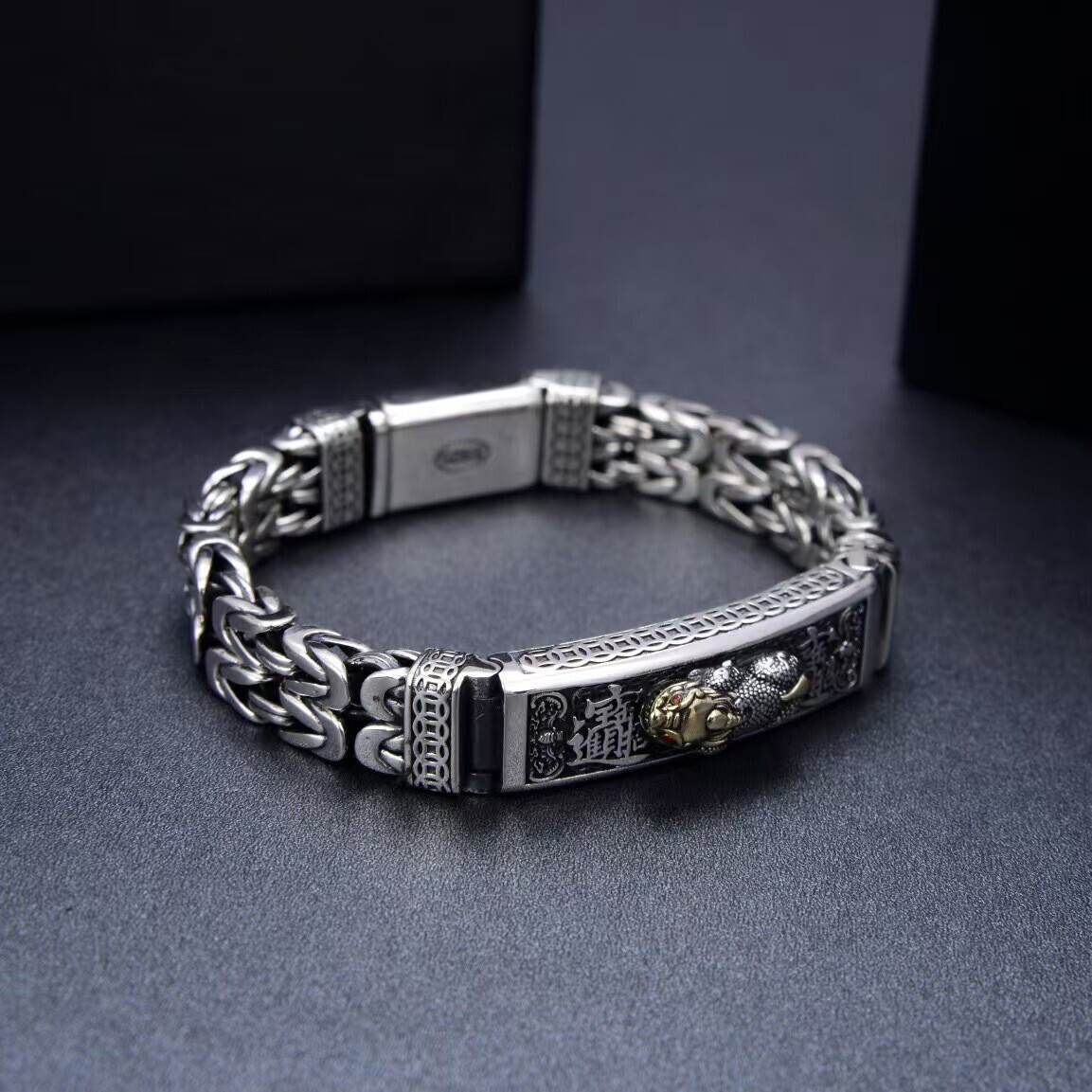 Pure 925 Sterling Silver Bracelet 11mm Pixiu Byzantine Link Chain7.1-7.9inch