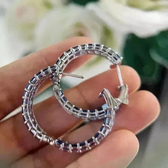 Engagement Large Hoop Earrings Emerald Simulated Sapphire 925 Starling Silver