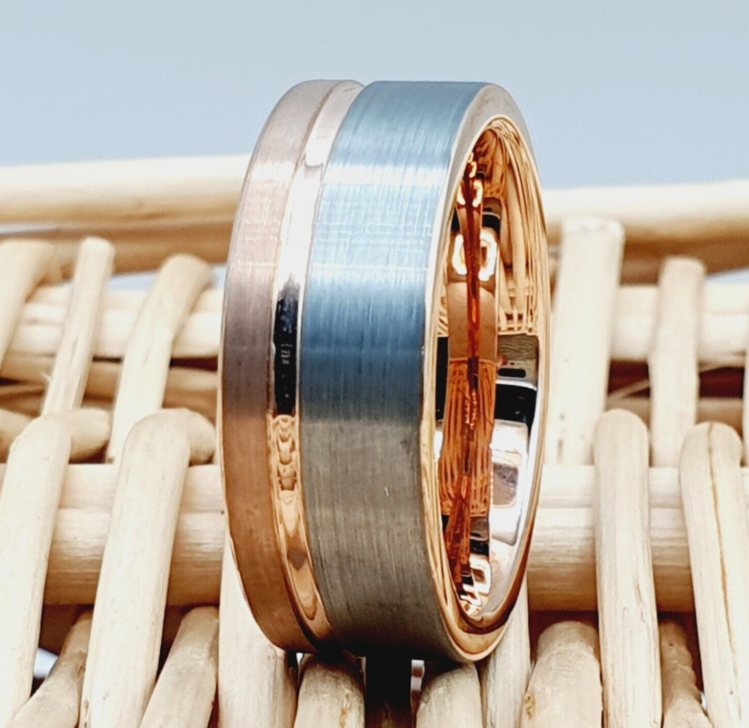 Couples Rose Gold Tungsten Rings Gray Matt Finish Wedding Bands for Him and Her