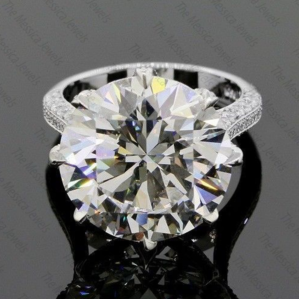 13.97 TCW 15 mm Round Cut Moissanite Engagement Ring In 14k White Gold Plated