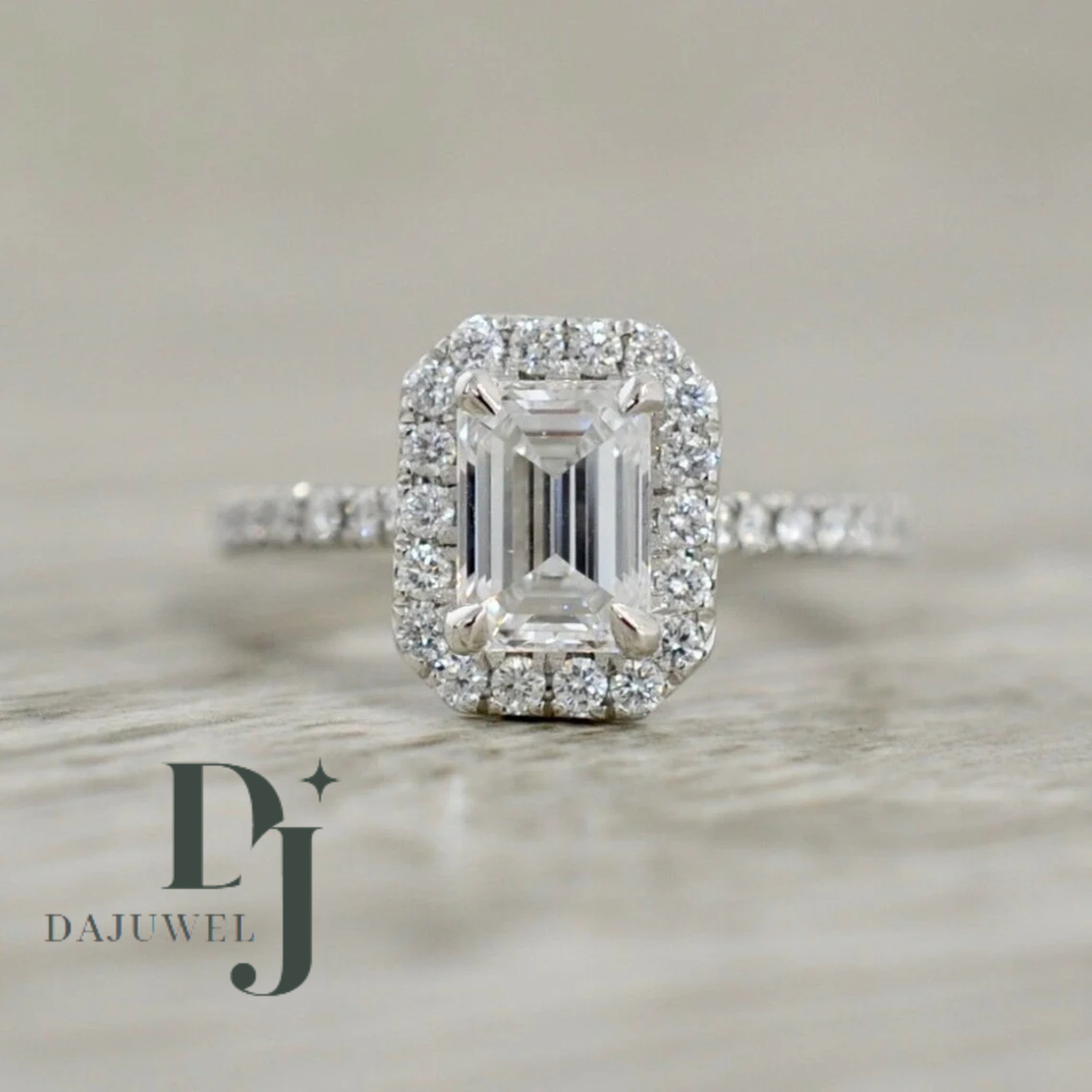 Moissanite Halo Engagement Ring 2.50 CT Emerald Cut VVS1 Solid 14K White Gold