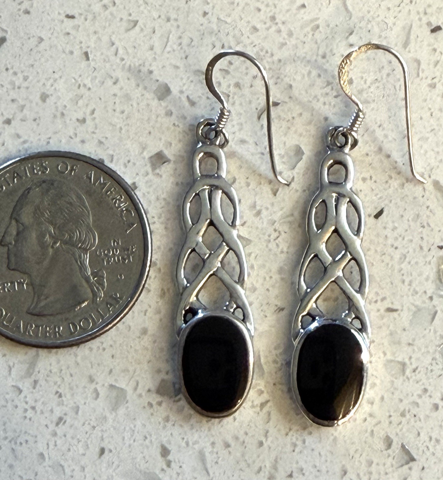 Black Onyx 925 Sterling Silver Celtic Endless Weave Knot Dangle Earrings EUC