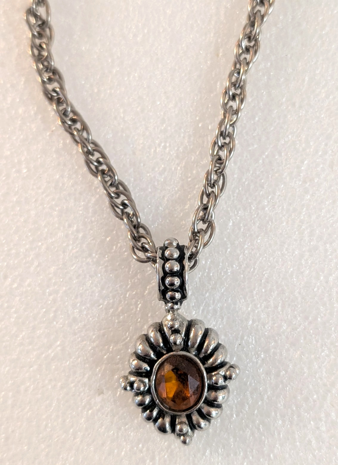 Silver Tone Faux Citrine Yellow Orange Rhinestone Pendant Chain Necklace 23″