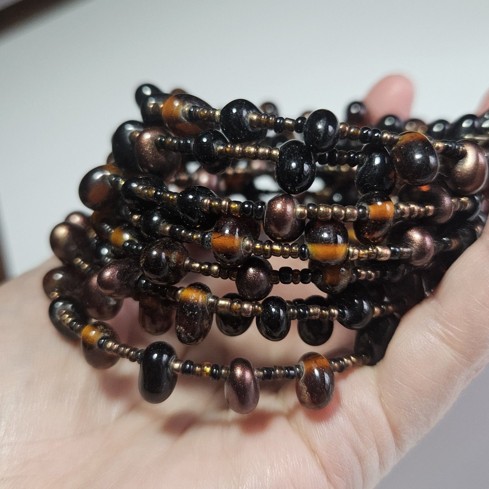 Brown Glass Beaded Wrap Around Bracelet Artisan Seed Bead