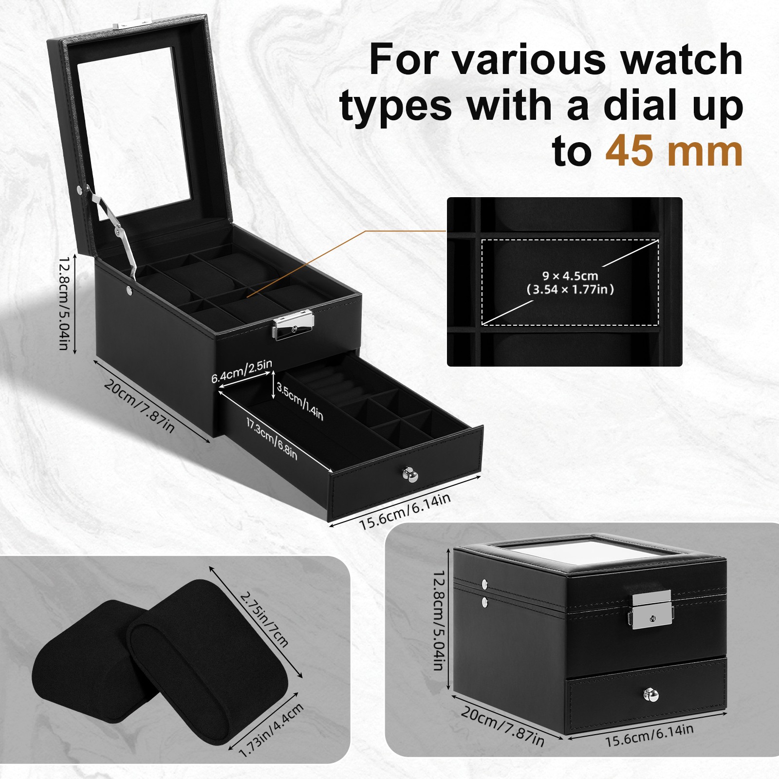 6 Slots Watch Box PU Leather Watch Case Jewelry Storage Glass Lid Display Case