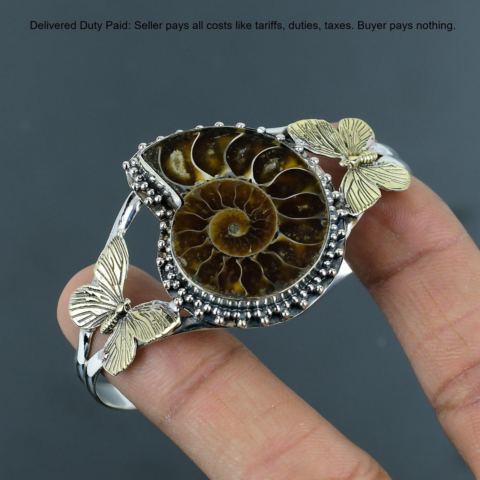 Christmas Deal Ammonite Fossil Gemstone Bezel Bangle Jewelry 925 Sterling Silver