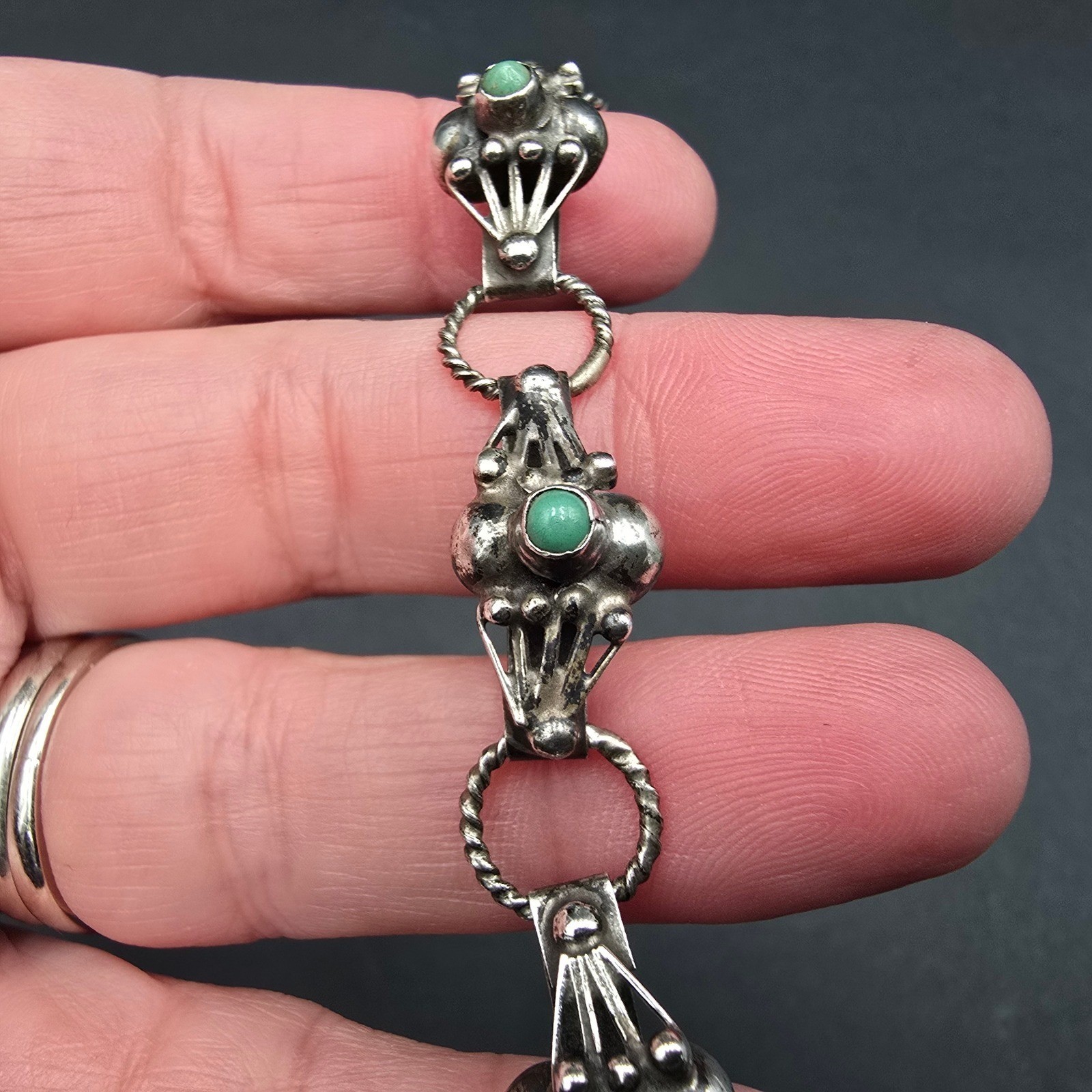 Vintage Mexican Sterling Silver 925 Turquoise Link Bracelet Mexico 7.25in