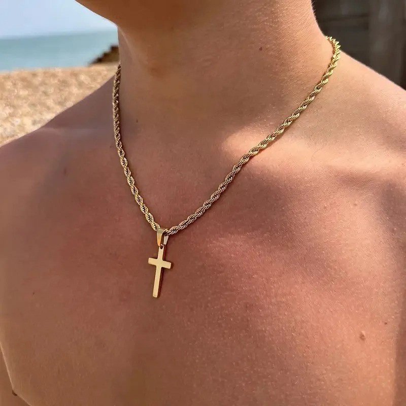 Men’s Silver & Gold Rope Chain Necklace Cross Pendant Stainless Steel Jewelry