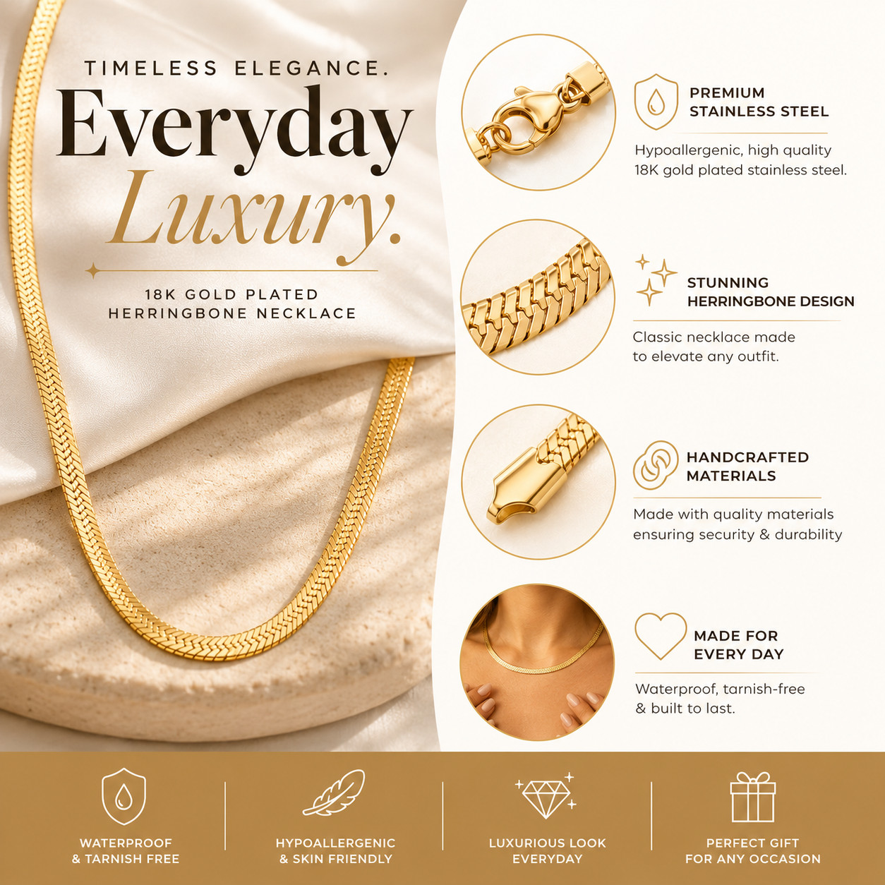 18K Gold Plated Herringbone Necklace for Women & Men, Premium Stainless Steel Fl