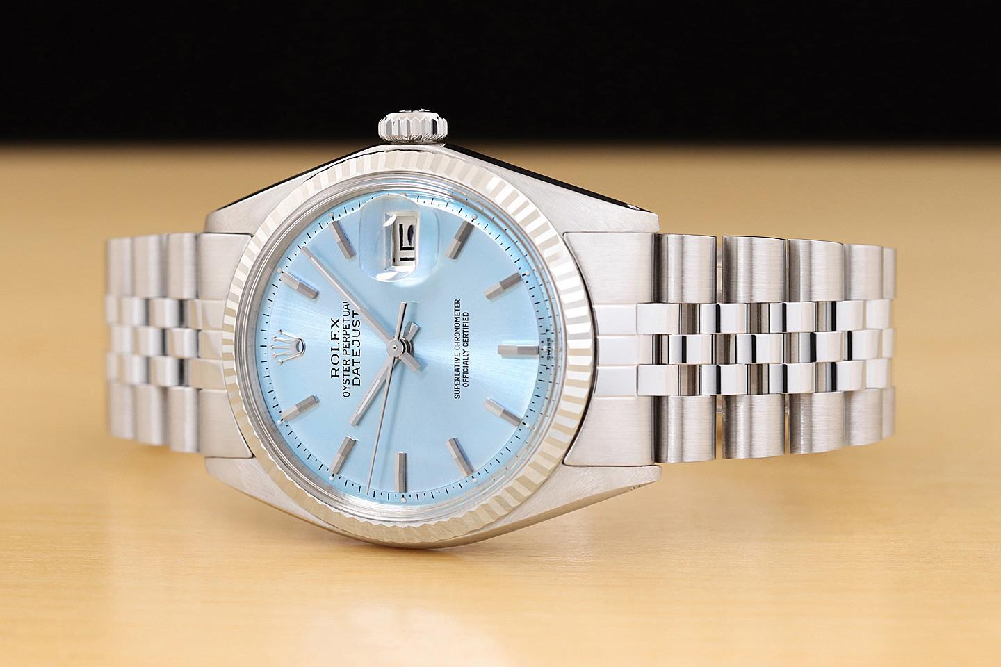 ROLEX DATEJUST ICE BLUE 36MM 18K WHITE GOLD STEEL MENS JUBILEE WATCH