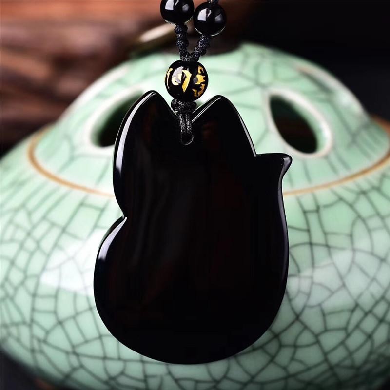 Vintage Exquisite Obsidian Fox Pendant Beaded Chain Necklace Charm Unisex Amulet