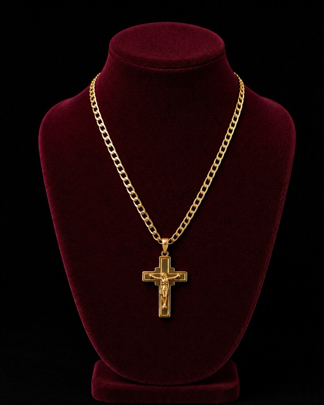 Yellow Gold Plated Cuban Link Chain Cross Charm Pendant Necklace Religious