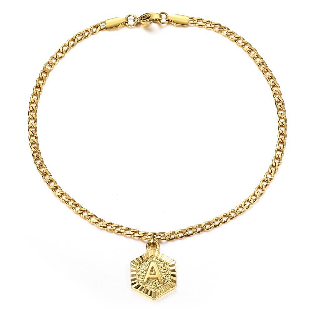 3mm 10″ Hex Initial Letter Charm Anklet Gold Plated Stainless Steel Curb Chain