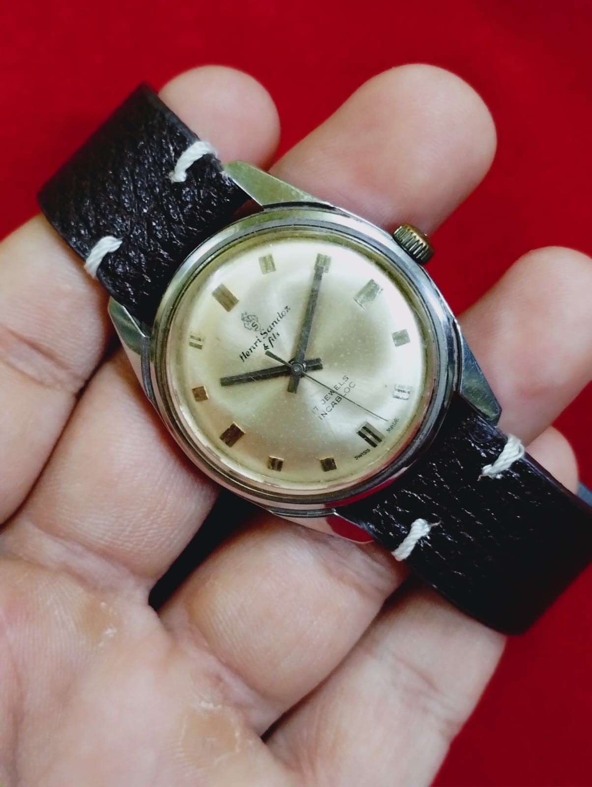 Vintage Henri Sandoz 17 j original men swiss working wrist watch.047 rare