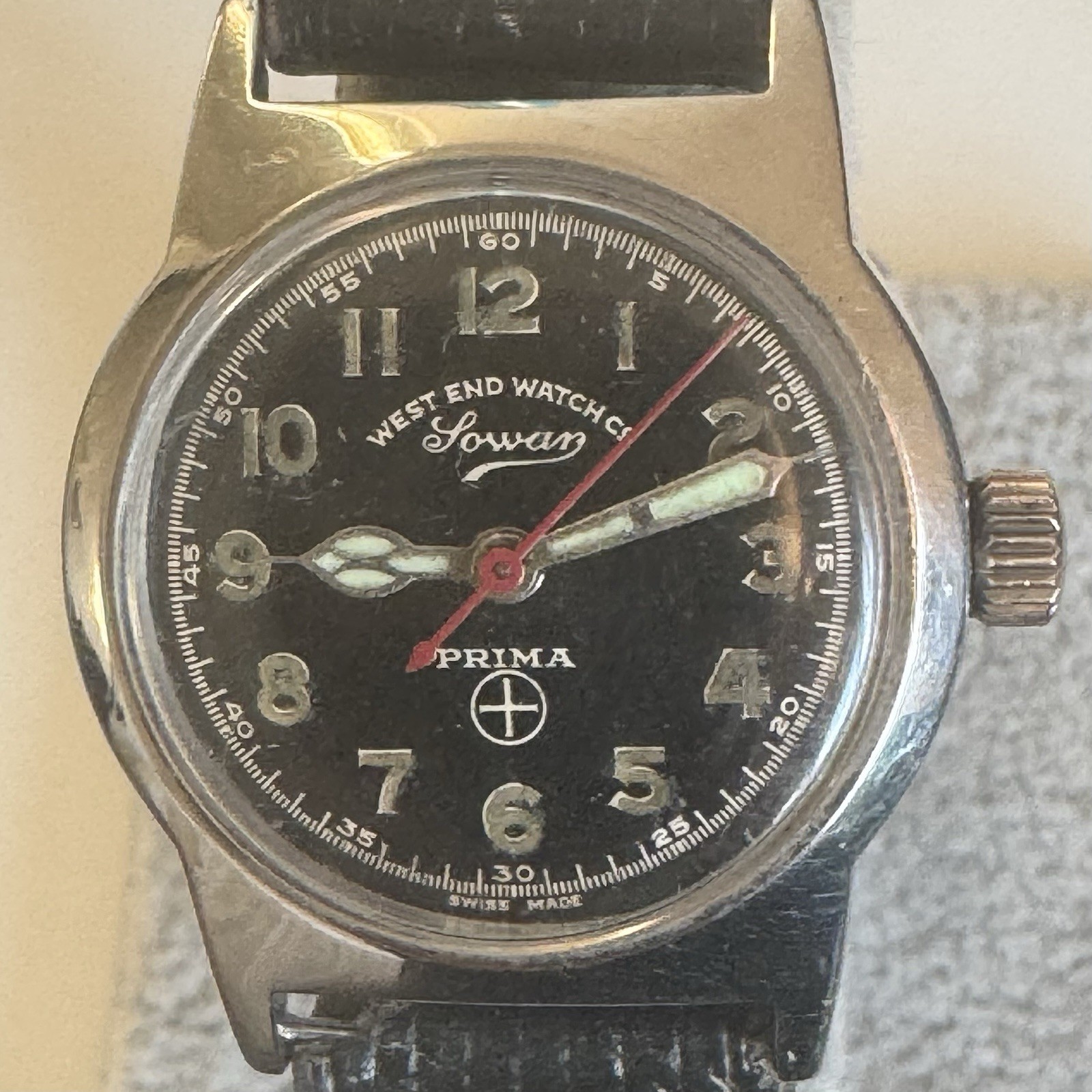 Vintage WWII West End Watch Co Sowar Prima Military Broad Arrow Swiss Watch Runs