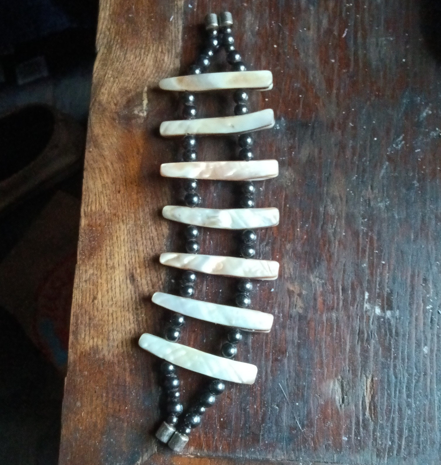 Mother Of Pearl Stone Beaded Bracelet with Bar Spacers, Magnetic Clasp