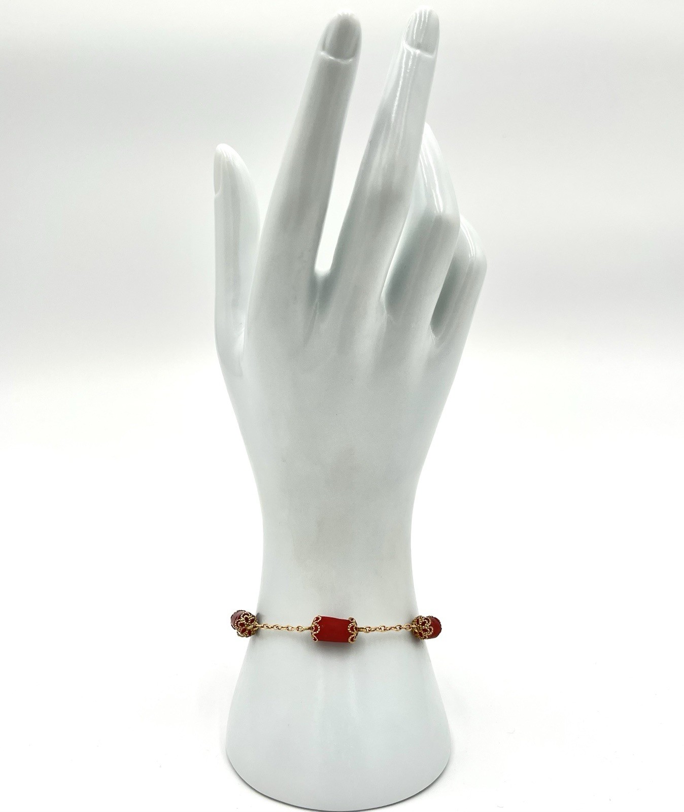 Handmade 14kt Gold Barrel Mediterranean Red Coral Bracelet