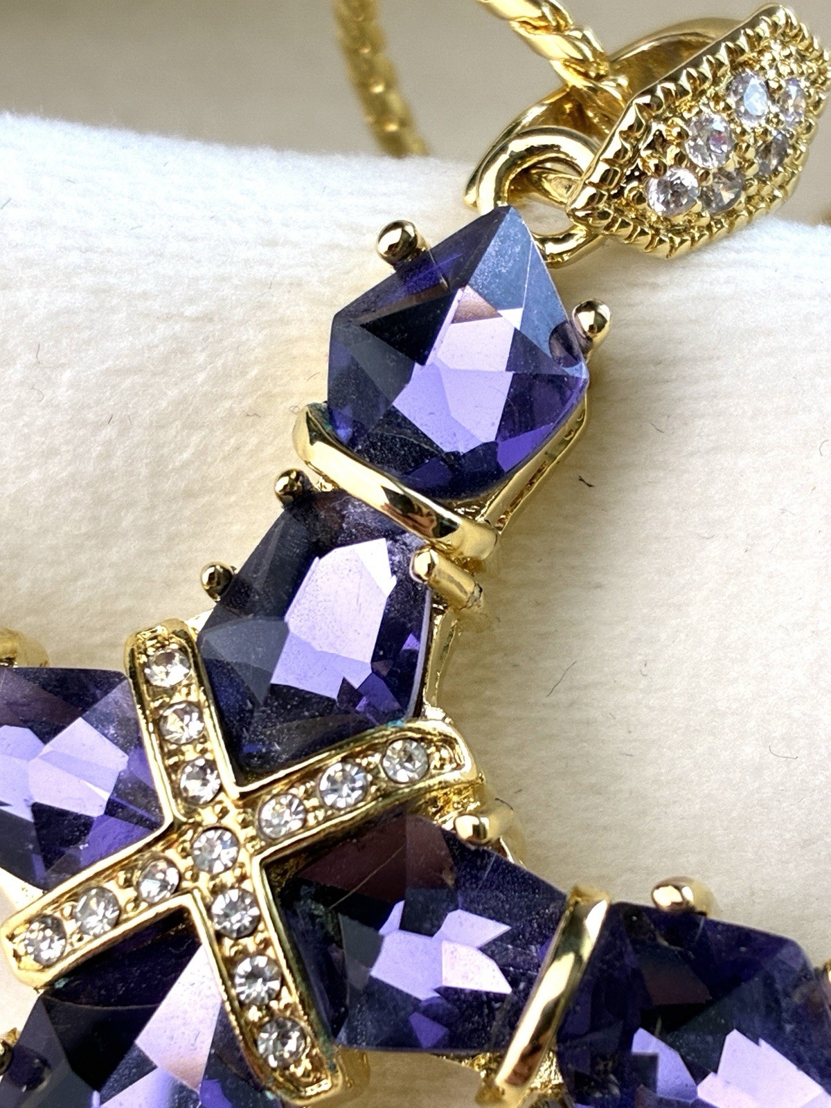 Real Collectibles Adrienne Amethyst Crystal Cross Necklace Gold HSN Box & Card
