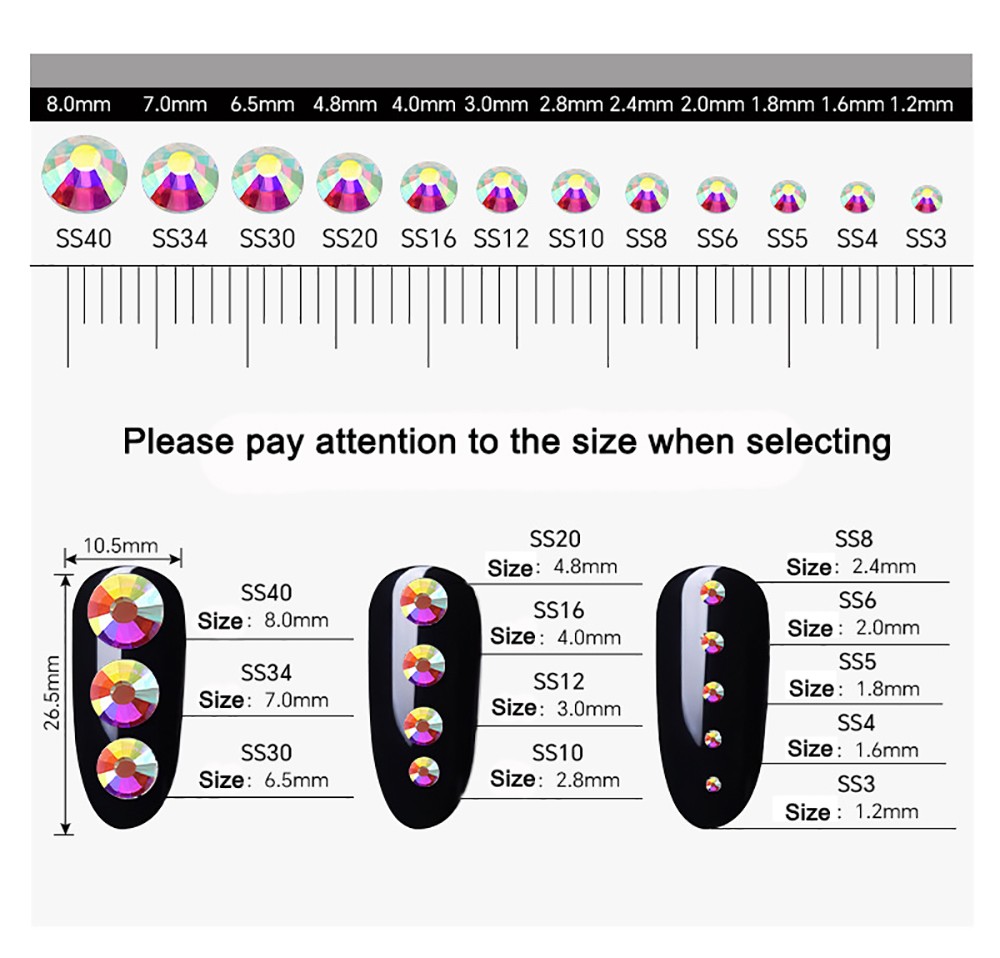 1440pcs All Colors 3D Nail Art Crystal Non Hotfix Flatback Rhinestones SS3-SS12