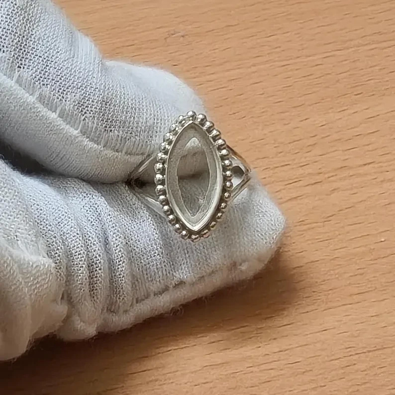 925 Sterling Silver 8x16mm Marquise Bezel Ring Blank Beaded Band DIY Jewelry