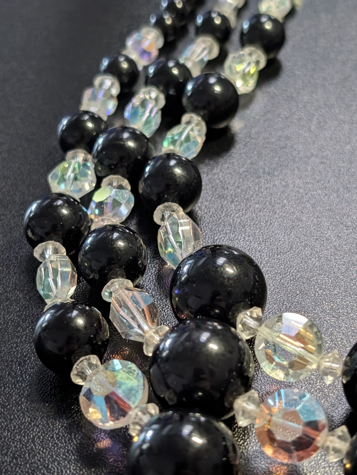 Vintage 1950s Black Aurora Borealis AB Crystal Bead Necklace 3 Strand Multi Bib