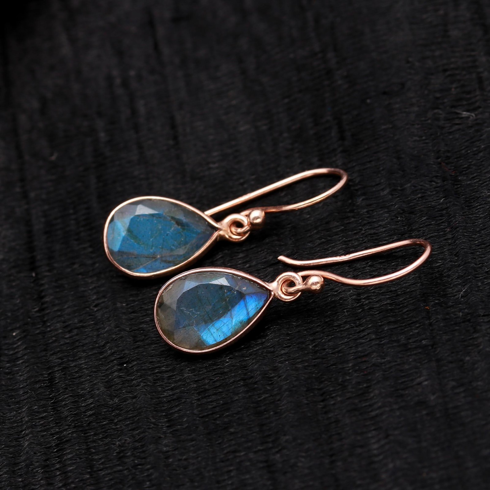 Natural Labradorite Pear Dangle Earrings Rose Gold Plated Solid Silver Jewelry