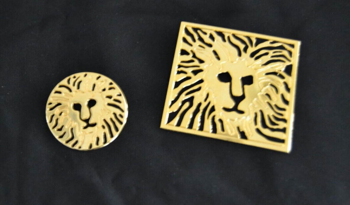 2 Gold Tone Metal Round and Square Cutout & Etched LION Face Brooch Pins LOT