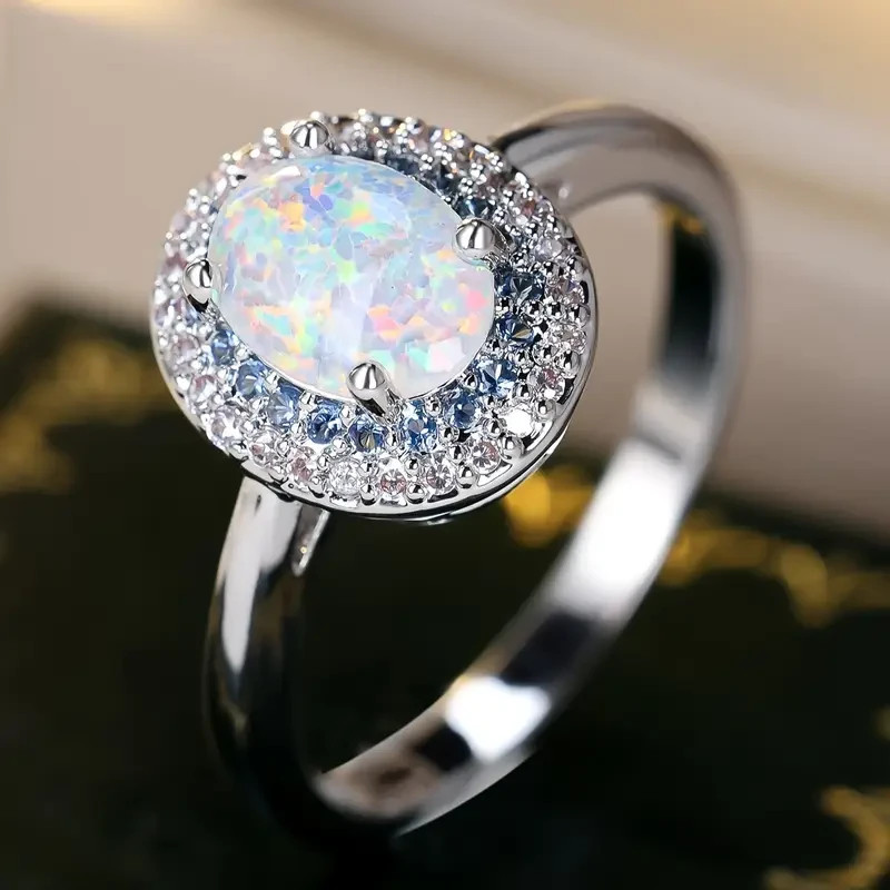 Elegant 925 Sterling Silver Fire Rainbow Opal Blue Topaz Engagement Ring Size 7