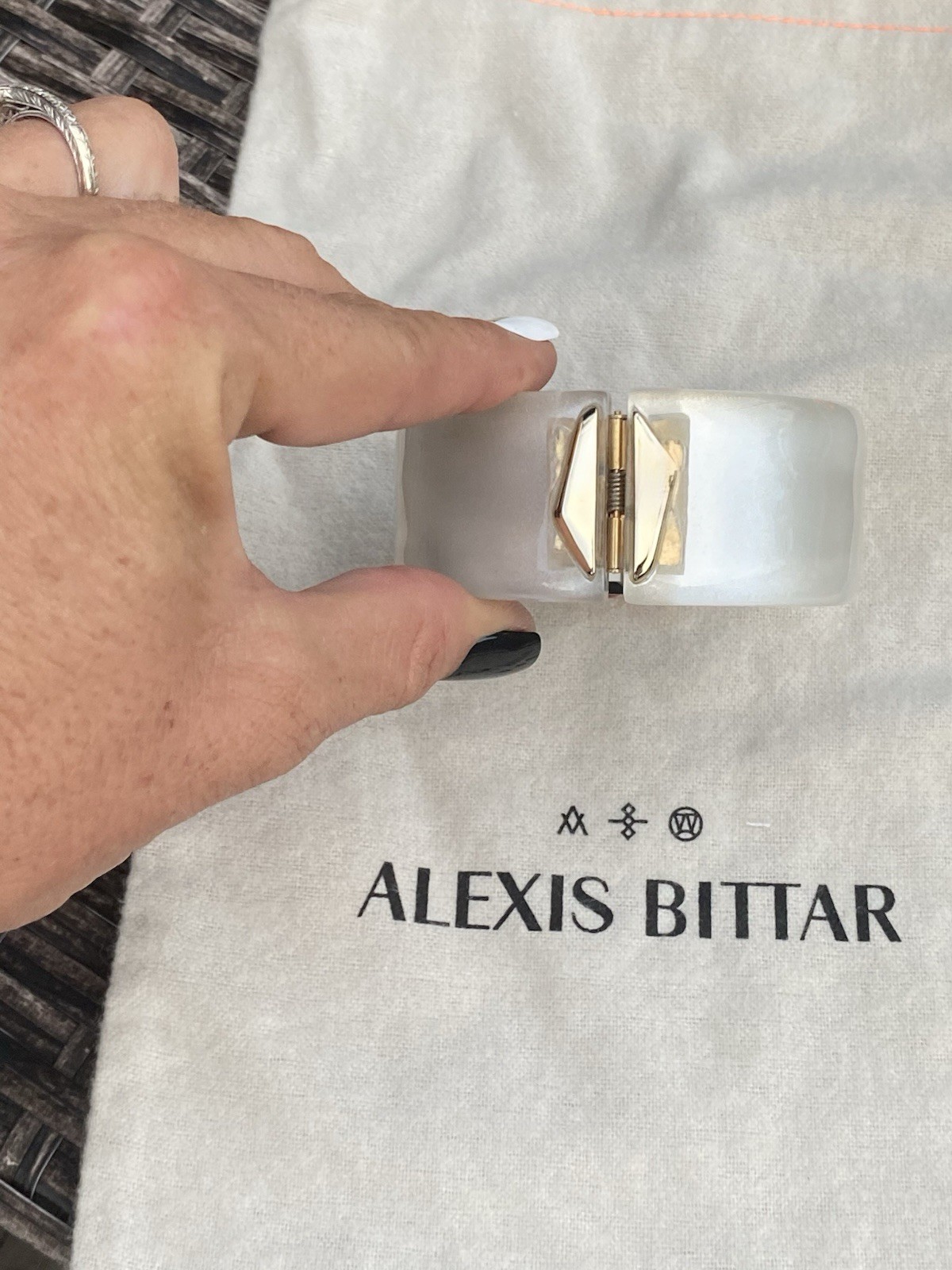 100% Authentic Alexis Bittar Wide Polished Silver Lucite, Stone enamel Bracelet