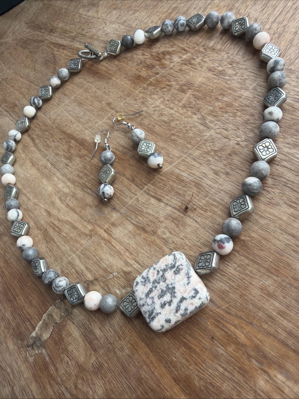Stone And Bead Necklace And Earring Set Silver, Light Pink And Gray