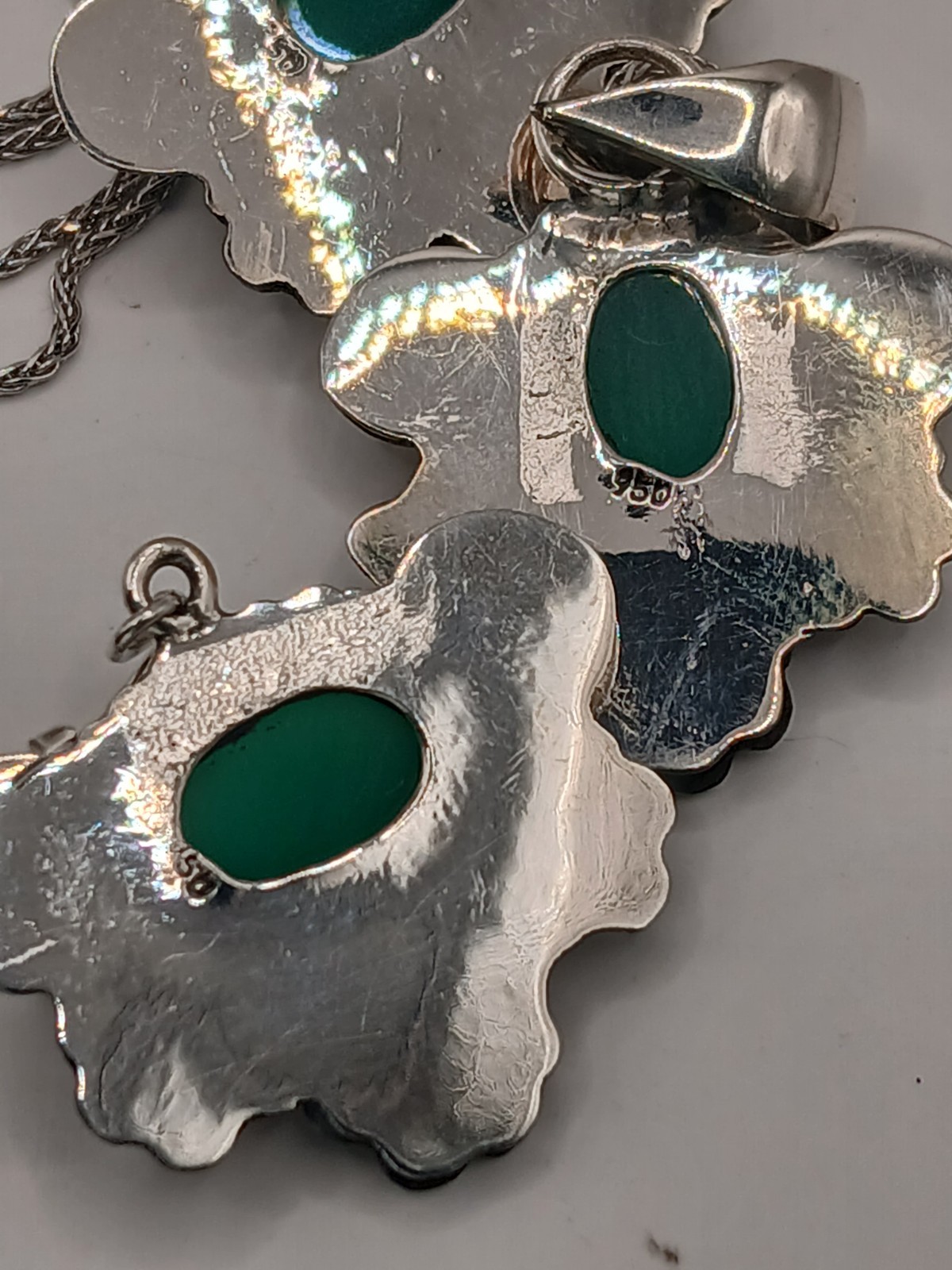 Sterling Silver 950 Green Chalcedony Floral Jewelry Set Necklace & Earrings