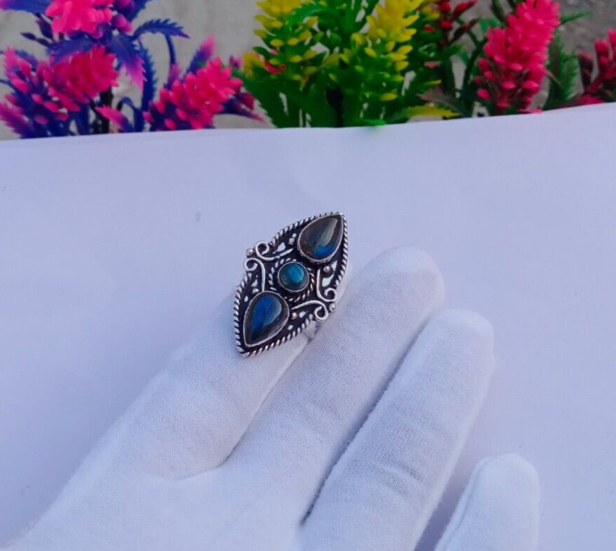 Natural Labradorite Stone Ring, Sliver Plated Ring, Gemstone Jewelry