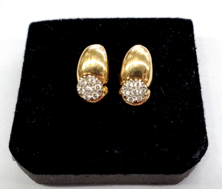 14k Yellow Gold .25 CT Round Clear Stone Cluster Huggie Style Earrings -3.3 gram