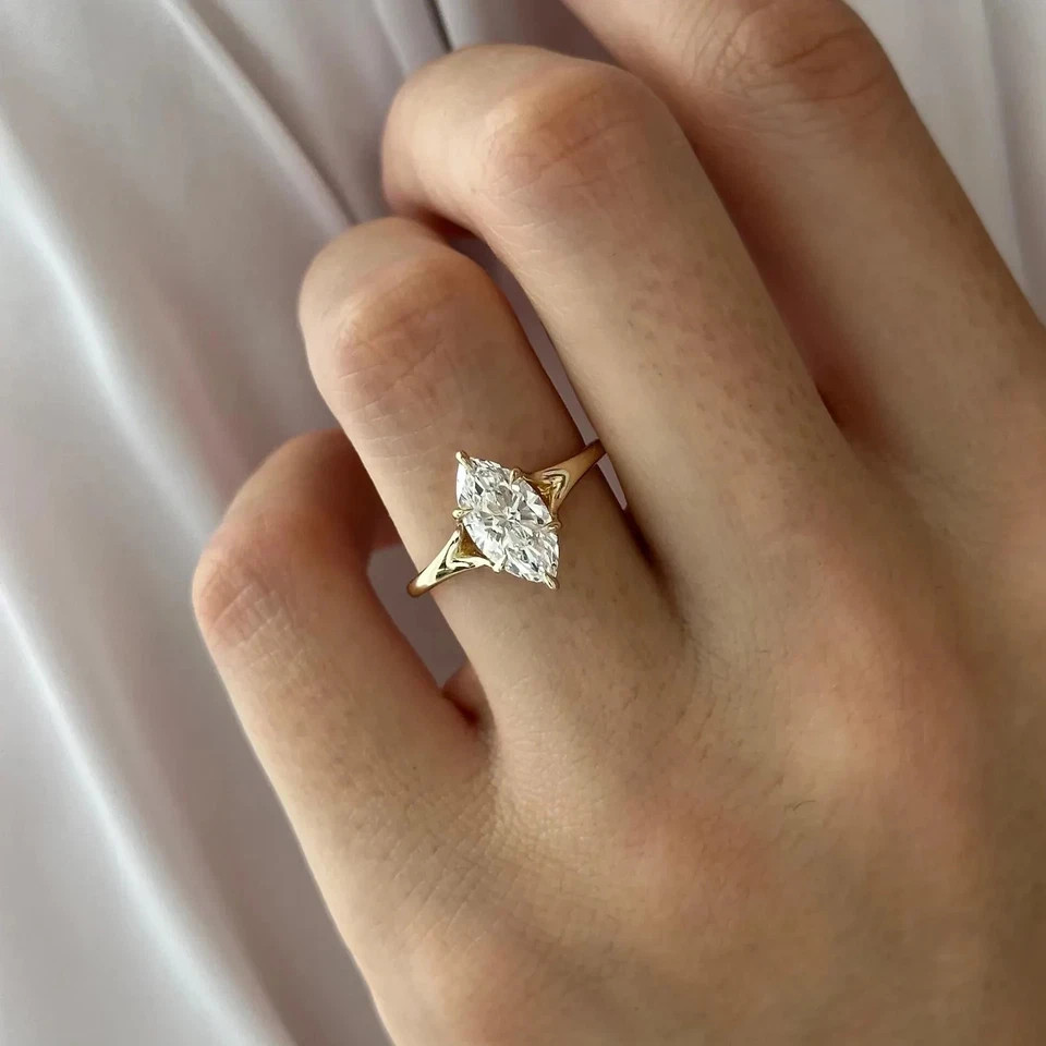 Marquise Diamond Wedding Ring 1.50 Ct Lab Grown IGI E F VVS CVD 14k Yellow Gold