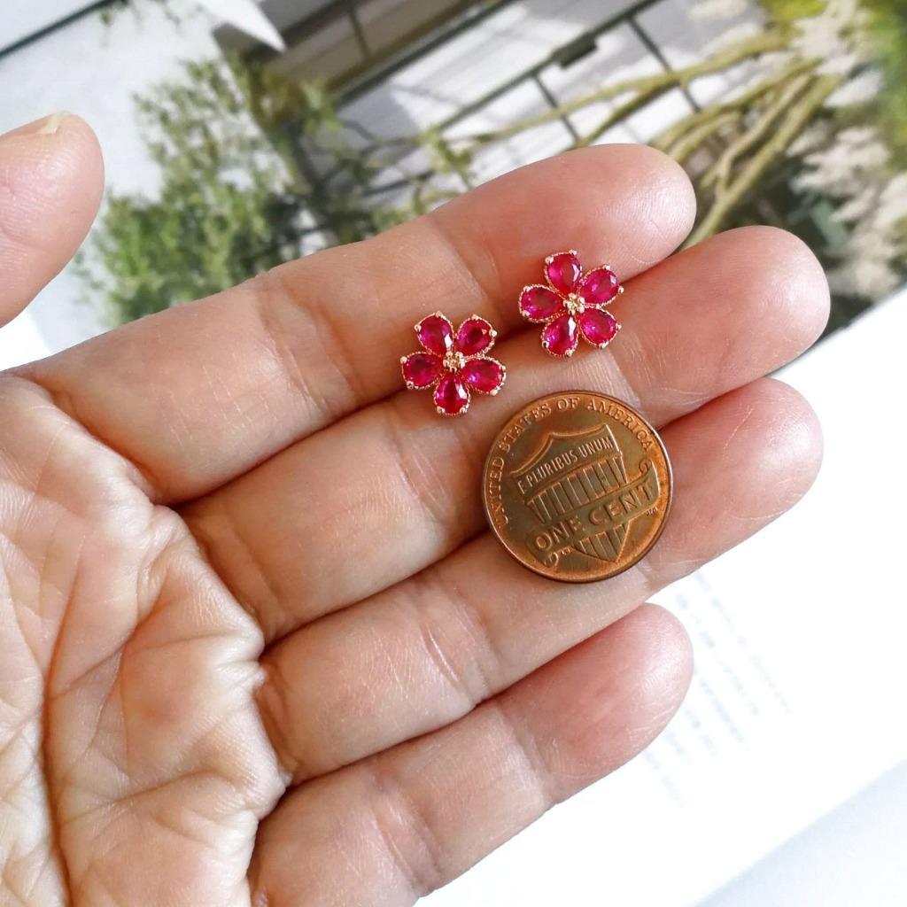 Sparkling Hot Pink Fuchsia CZ Flower Stud Earrings Rose Gold or Shiny Silver