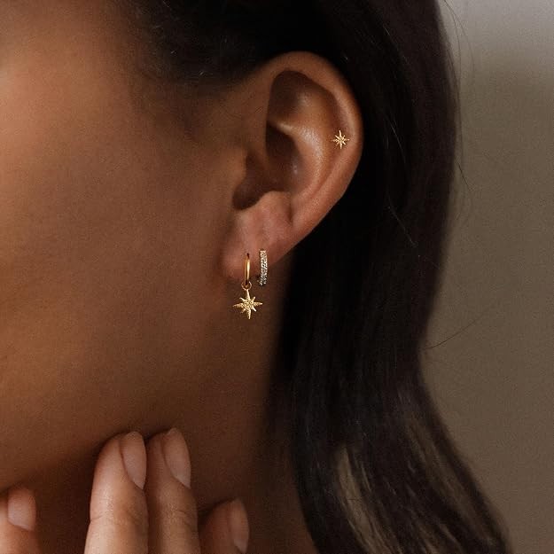 14k Gold Plated Earring Stack Hypoallergenic Pearl Drop Huggie Hoop Earrings New