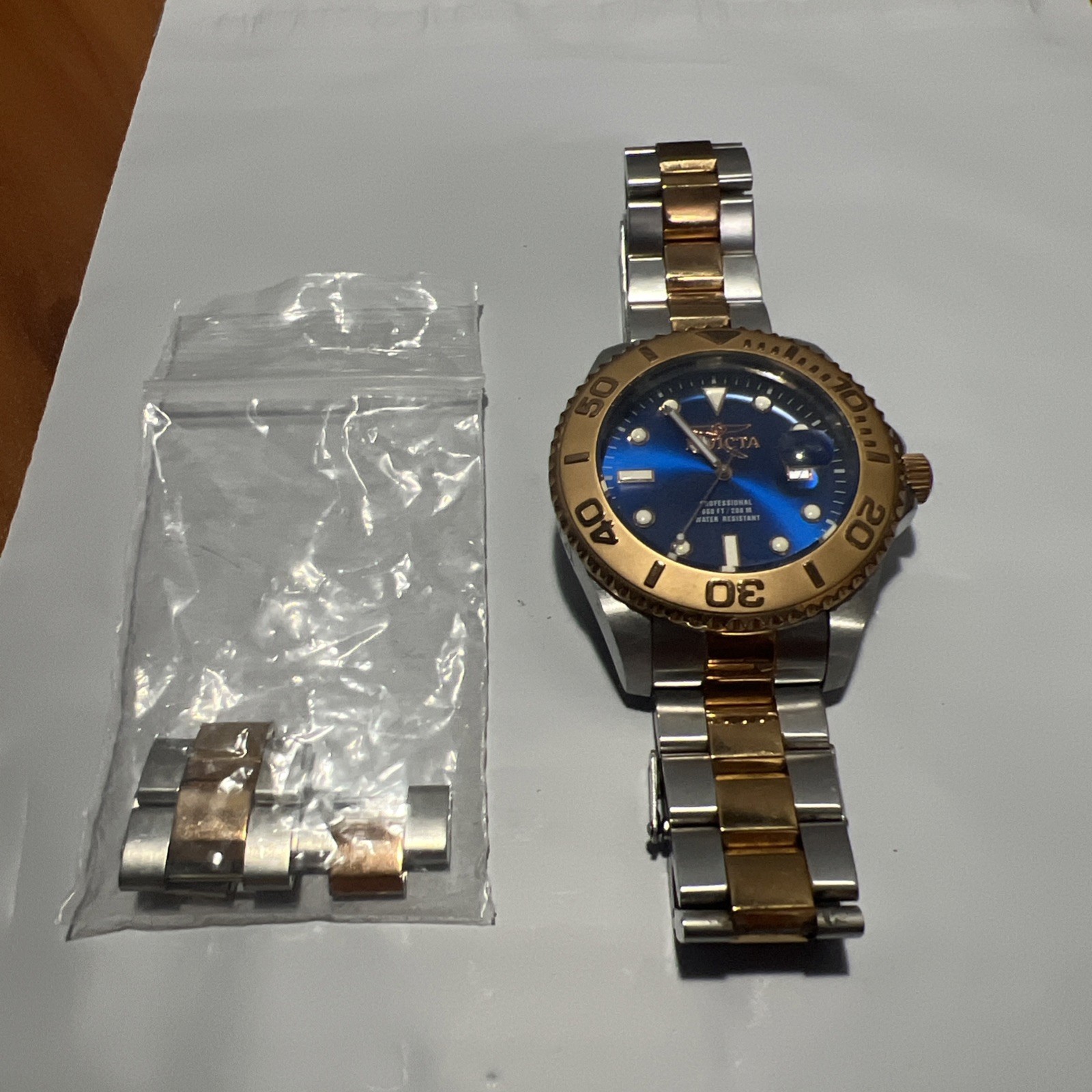 Invicta Men’s Watch Pro Diver Quartz Blue Dial Gold Bezel Two Tone Bracelet