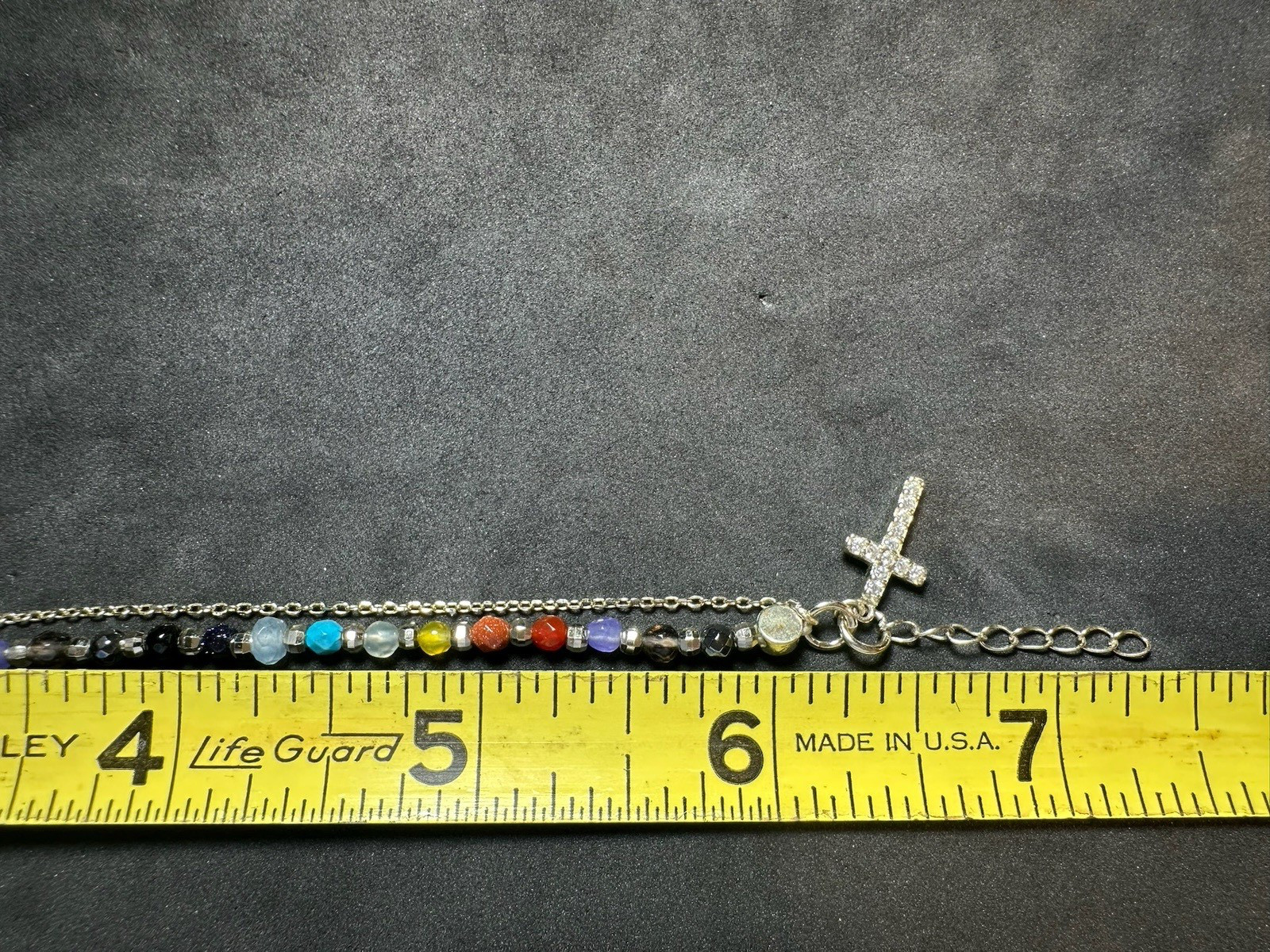 3.75 Vintage Sterling Silver Multi Gemstone Beaded Bracelet Cross Charm 7.3 in