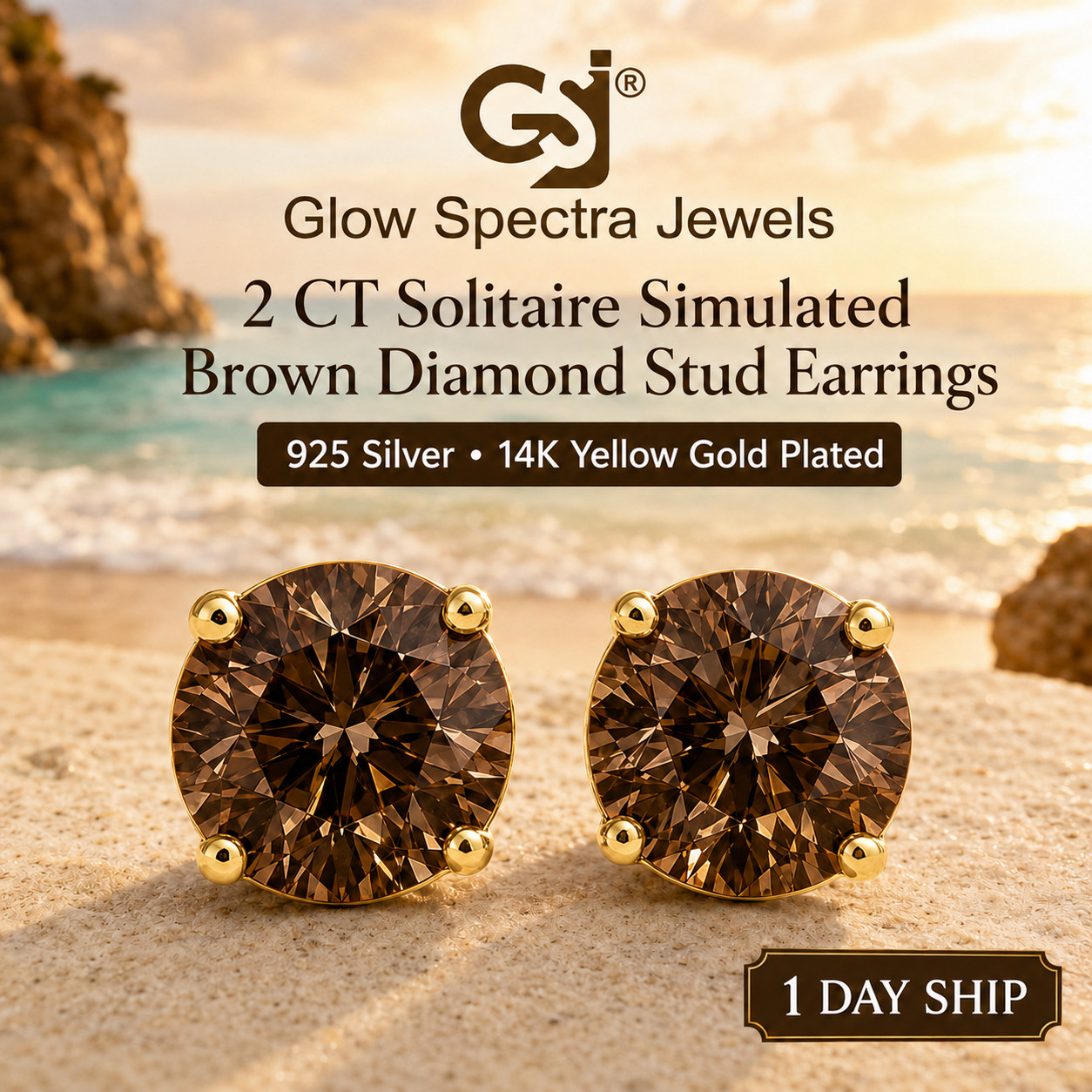 2.00CT Solitaire Brown Diamond Stud Erring 925 Silver 14k Yellow Gold Plated