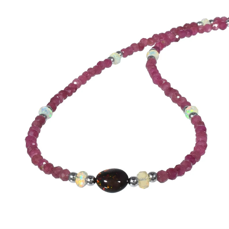 Natural Rainbow Fire Opal & Pink Tourmaline Handmade Beaded Chain Women Necklace