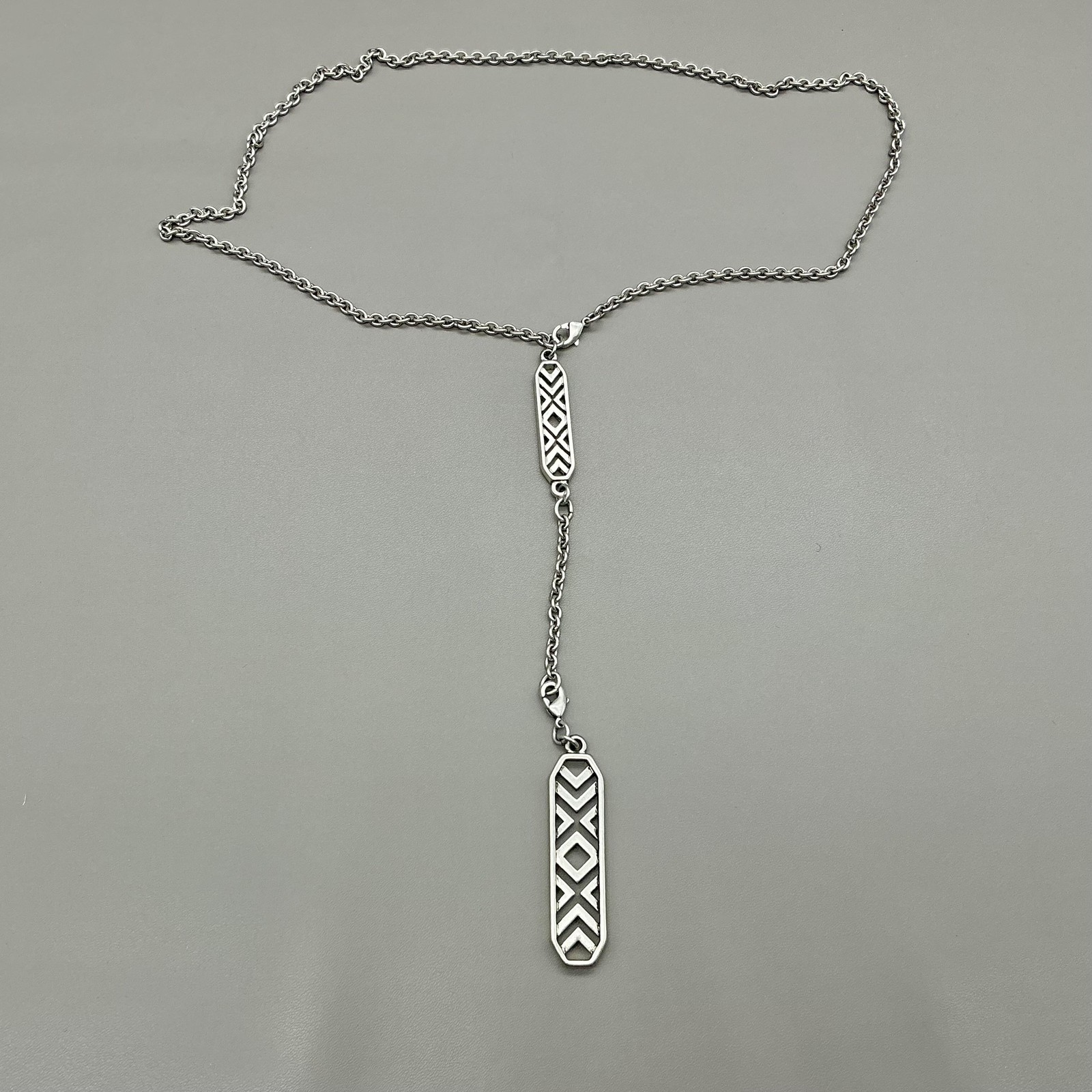 Necklace Silver Tone Rectangle Pendant Lariat Y-Drop Womens Statement Jewelry