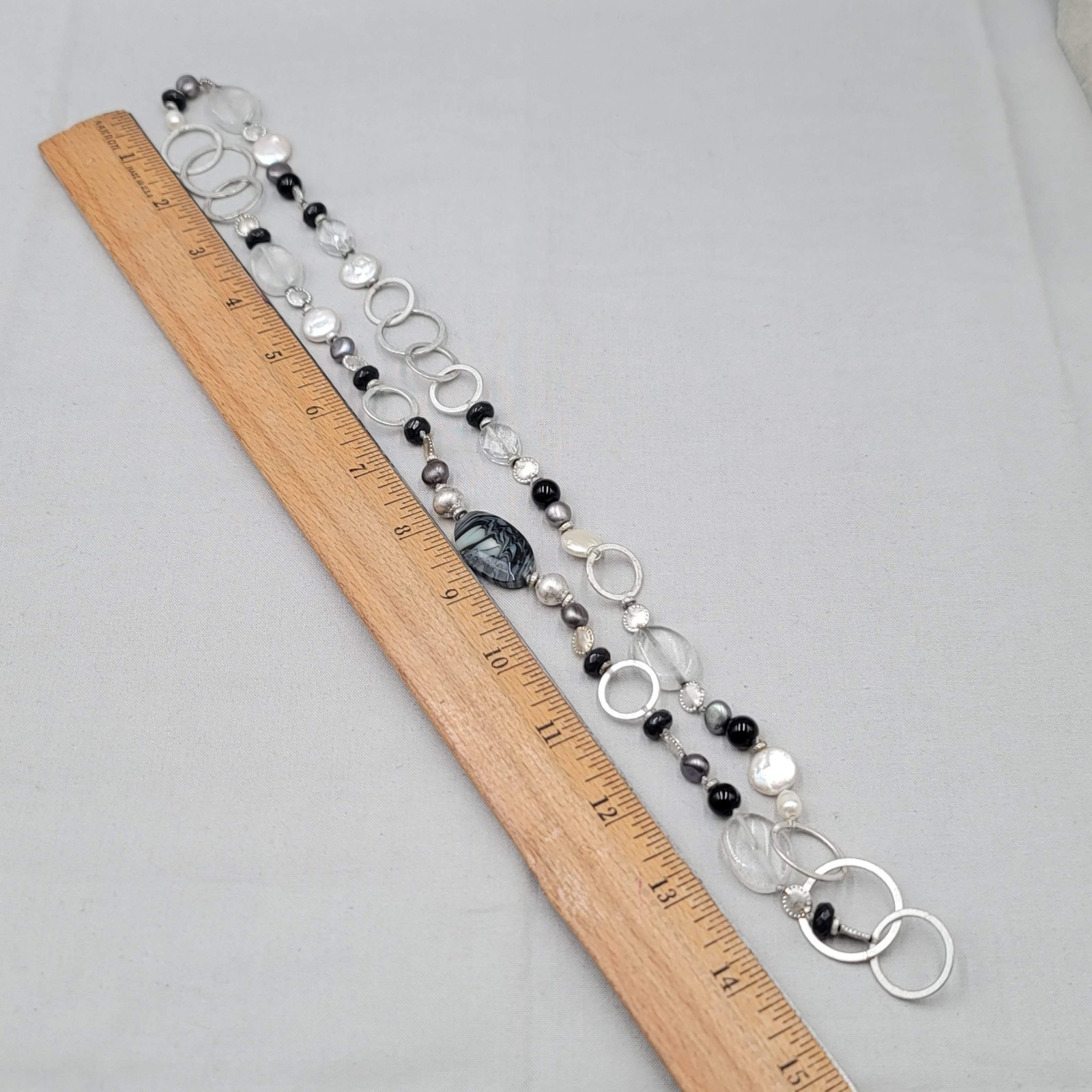 Black Gray White Beaded Necklace Silver tone Links Long 30 in