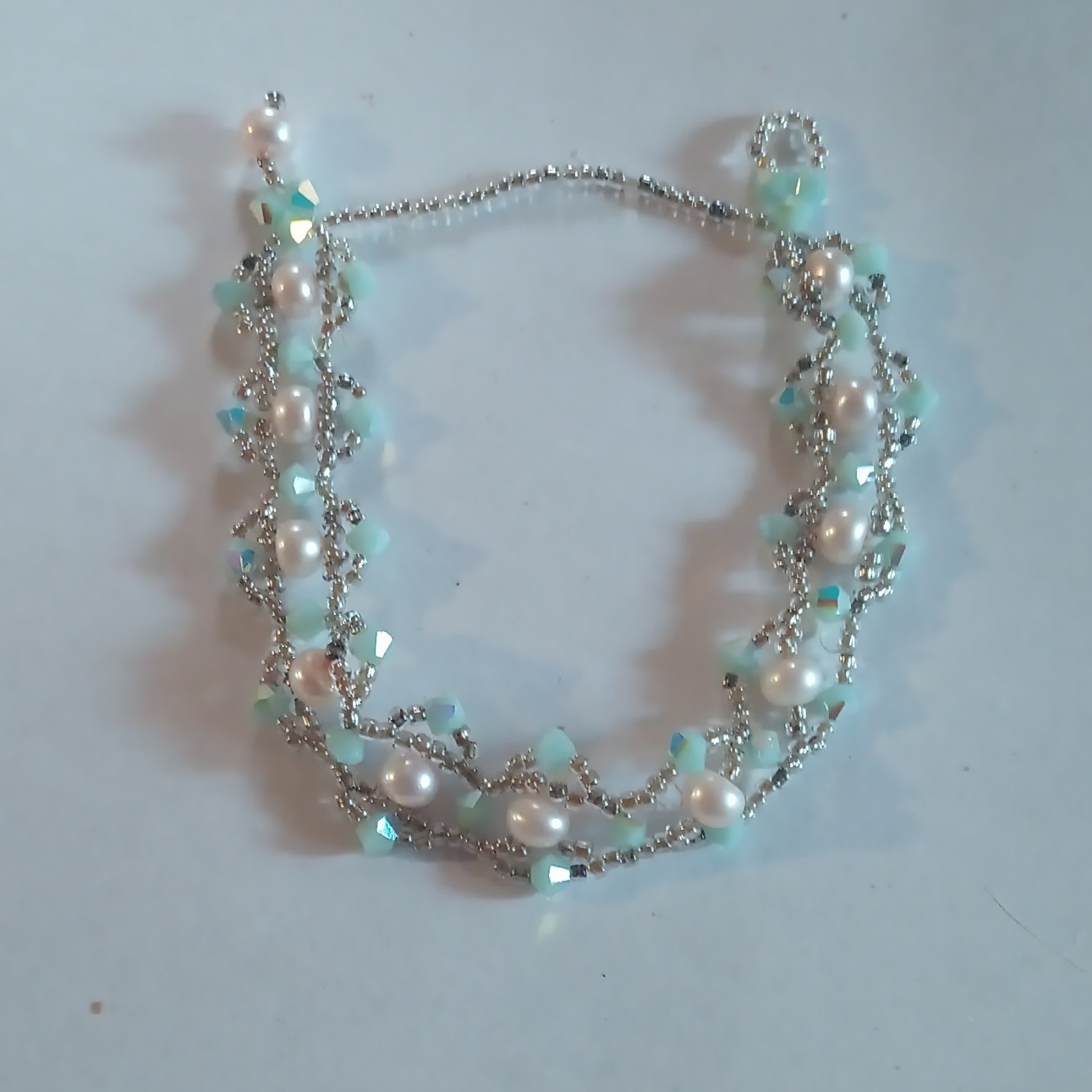 Silver Plated Beaded Chain Bracelet White Round Pearls & Green Crystals Hook