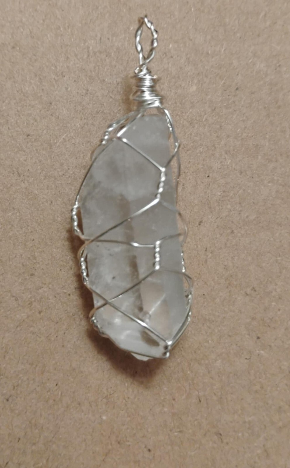 Natural Clear Quartz Crystal Point Pendant Hand-wrapped in Silver-coated Wire